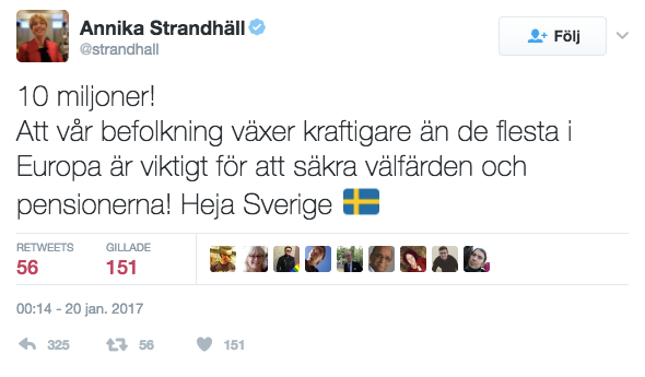  Socialförsäkringsminister Annika Strandhäll kommenterar den svenska befolkningstillväxten på Twitter. 